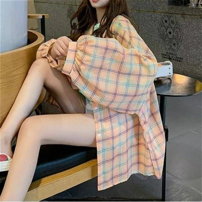 Shirts Women Korean Plaid Chic Batwing Sleeve Summer Sun-protection Femme Preppy Simple Basic Girls Top Breathable Ins