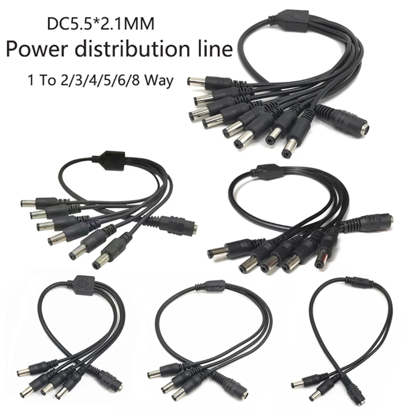 Cabo Conector Adaptador de Energia DC 5.5*2.1MM 1 para 2/3/4/5/6/8 Vias para Distribuição de Energia para Fitas de LED, Câmeras CCTV e Monitores