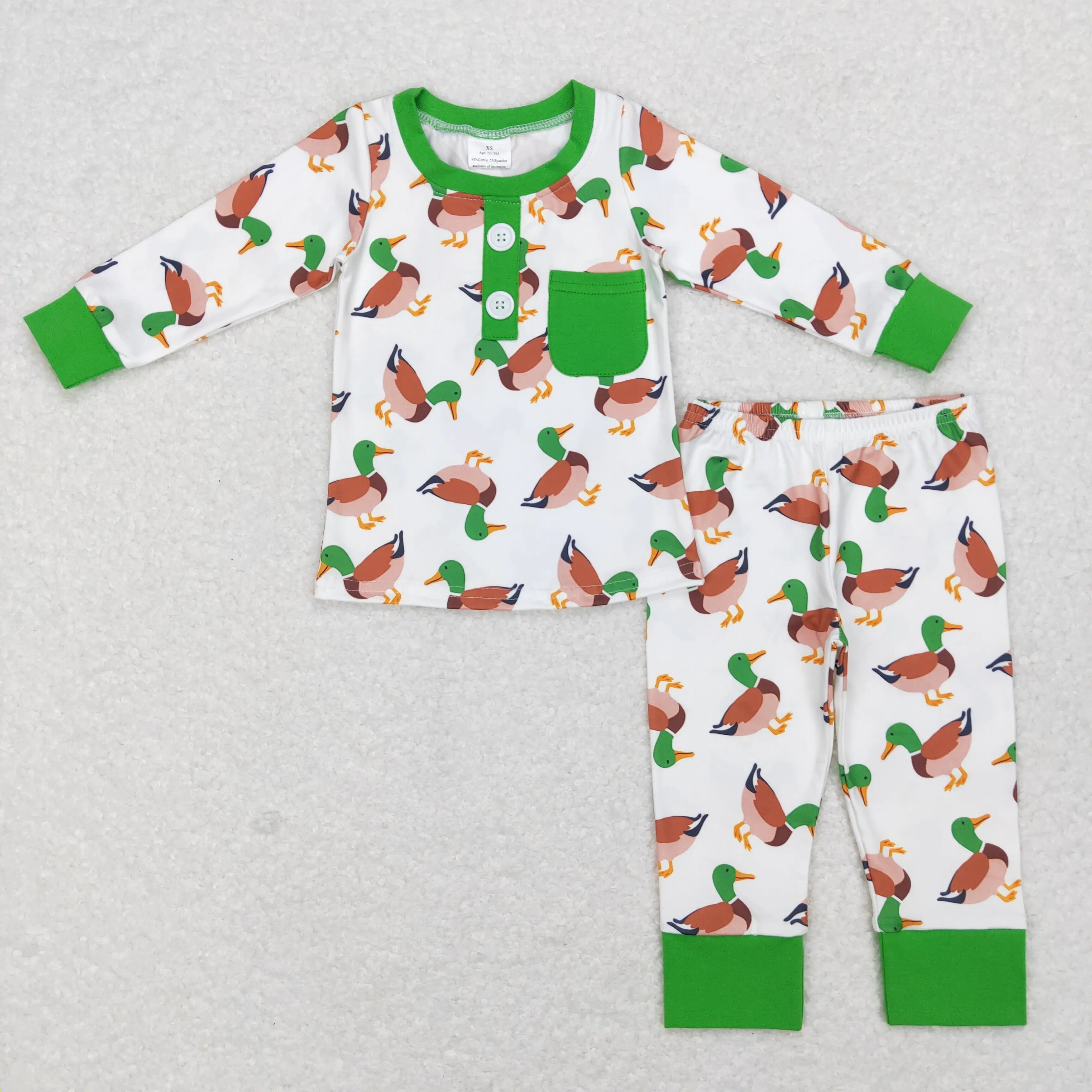 wholesale hot sale kids western boutique outfits baby boys girls clothes Duck green pocket lace white long sleeve pantsuit