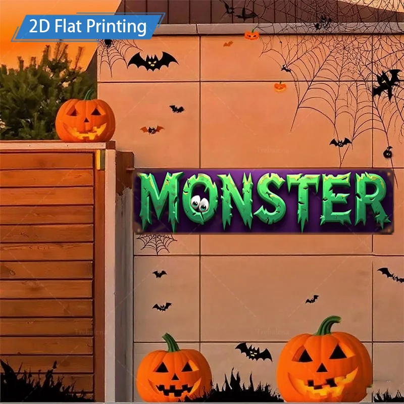 قطعة واحدة من لافتة معدنية، لافتة وحش الهالوين مقاس 4 × 16 بوصة، طباعة مسطحة لتزيين السياج