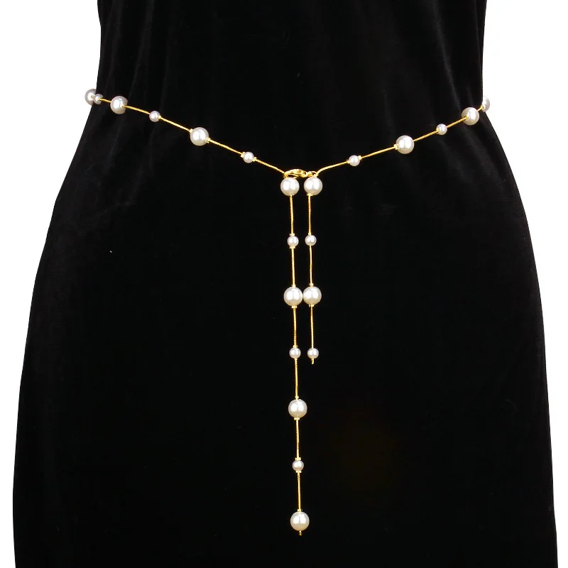 Dainty Long Tassel Pearl Waist Chain Gold Thin Wire Multi Size Round Pearl Cascading Drop Belly Belt For Knit Dress