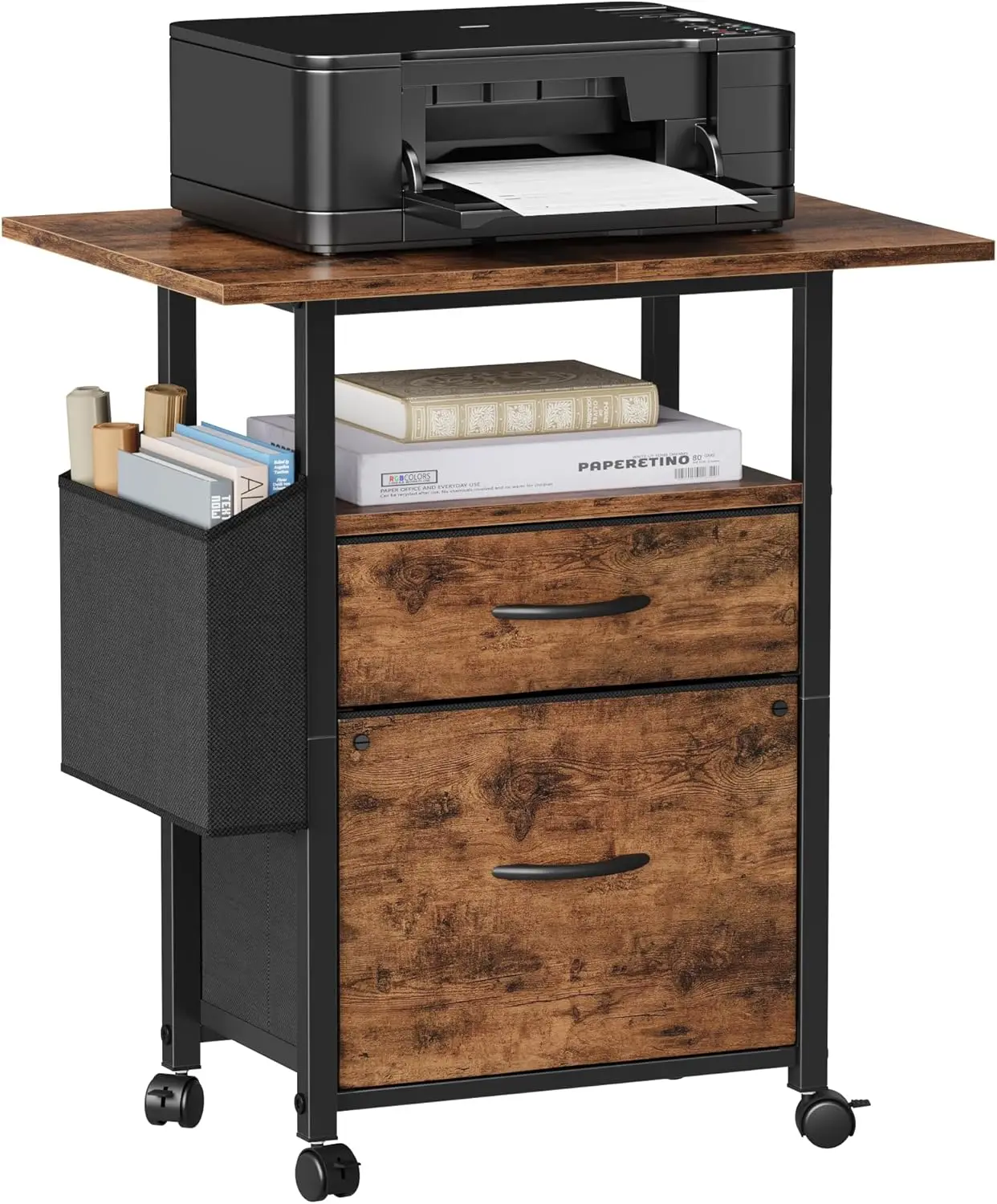 خزانة ملفات ذات درجين مع سطح مكتب ممتد، وخزانة ملفات متدحرجة، باللون البني الفاتح