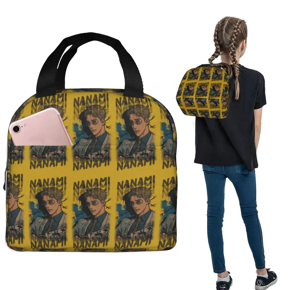 Nanami Kento Jujutsu Kaisen Isolierte Lunchtasche für Damen und Kinder, tragbare Lebensmittelboxen, Thermo-Lunchbox-Tragetasche