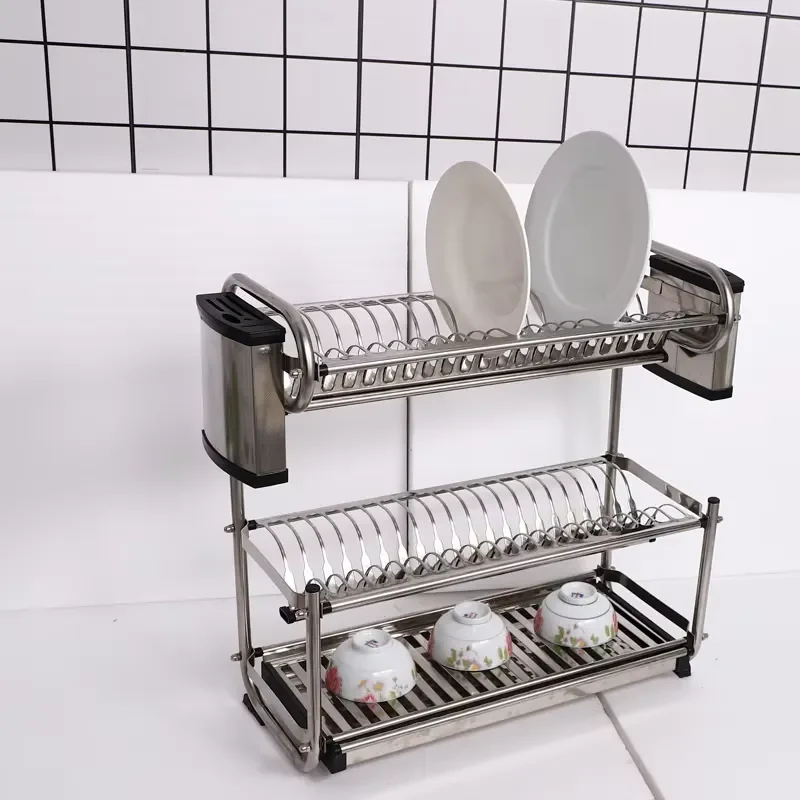 3 Tier Stainless Steel Kitchen Dish Drying Rack Countertop Plate Organizer Spice Storage Stand Drain Board for Utensils and