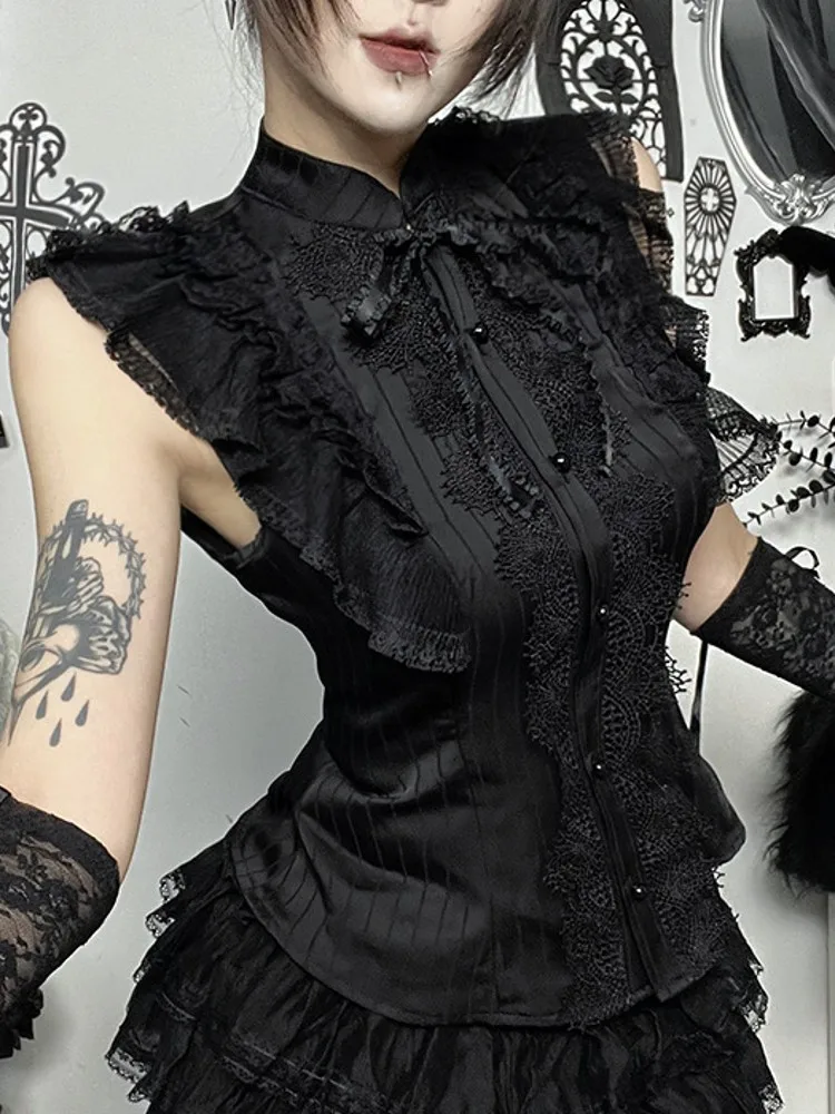 

Women Black Gothic Style Summer Sleeveless Blouse Woman Blouse Shirt Gothic Elegant Work Shirt Top Blusas Mujer De Moda