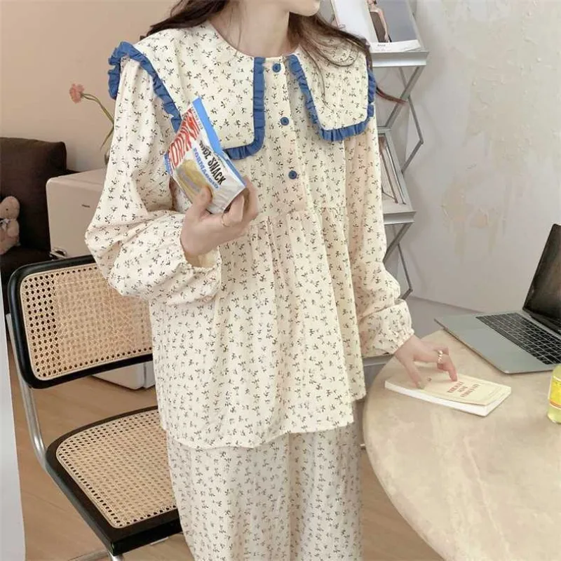 Floral Print Sleepwear Women Pajama Sets Button Piiama Korean Pants Sets for Women 2 Pieces Ruffles Night Wears Autumn Home Suit