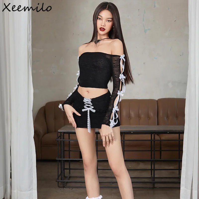 

Xeemilo Y2K Slash-neck Bow Applique Tank Top With Lace Bandage Ruffles High Waist Mini Skirts For Women Outfits Autumn Trendy