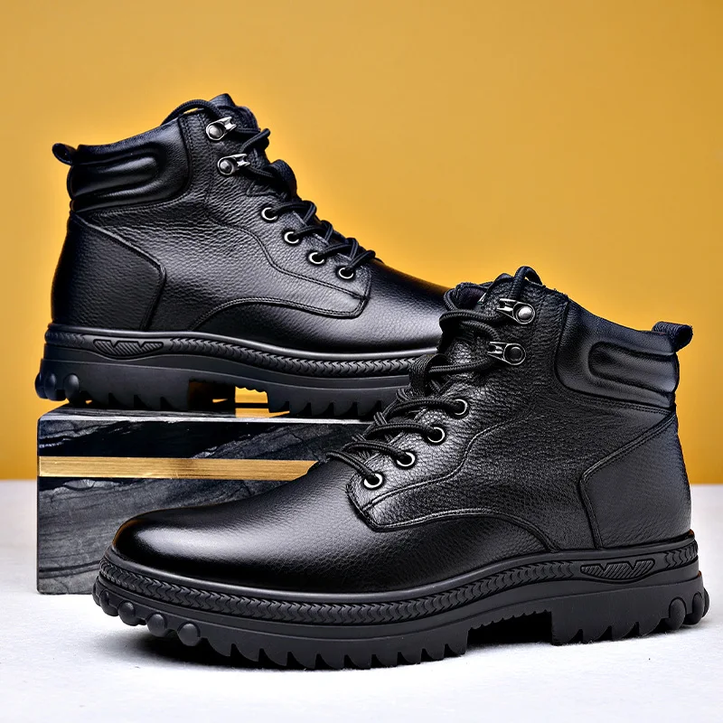 

men's casual business office snow boots warm cotton winter shoes cowboy natural leather boot black stylish platform ankle botas