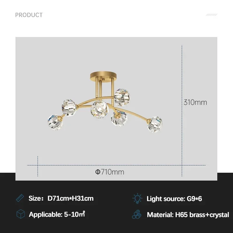

SANDYHA Modern Nordic Design Crystal LED Copper Chandelier Pendant Light for Bedroom Living Room Dining Room Home Decor Stylish