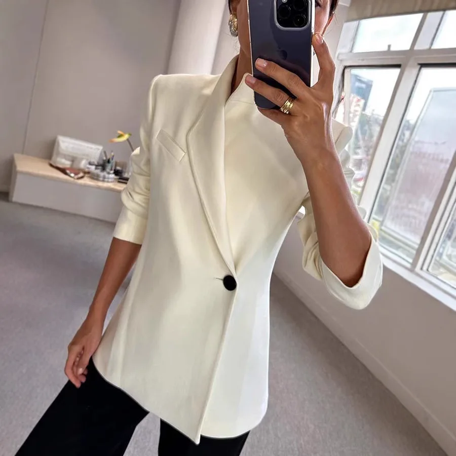 سترة جديدة لخريف وشتاء 2024 بأكمام طويلة من الساتان غير رسمية INS سترة عصرية فضفاضة بزر واحد للنساء #4