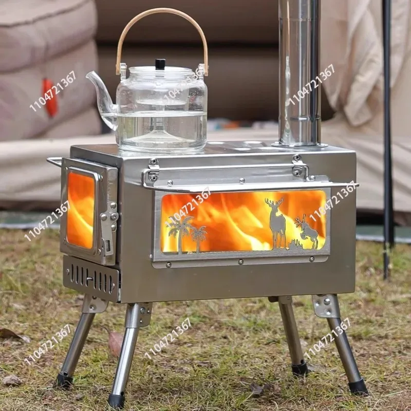 Portable Windproof Outdoor Pellet Fire Wood Heater with Burner Stove Bin for Camping Tent