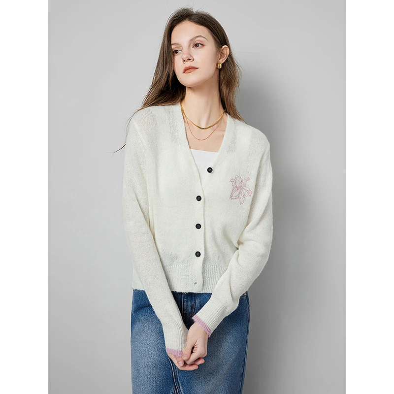 TOYOUTH Women Cardigan Sweater 2024 Spring Flower Embroidery Pattern Single Breasted Button V Neck White Knitwear Fashion Tops