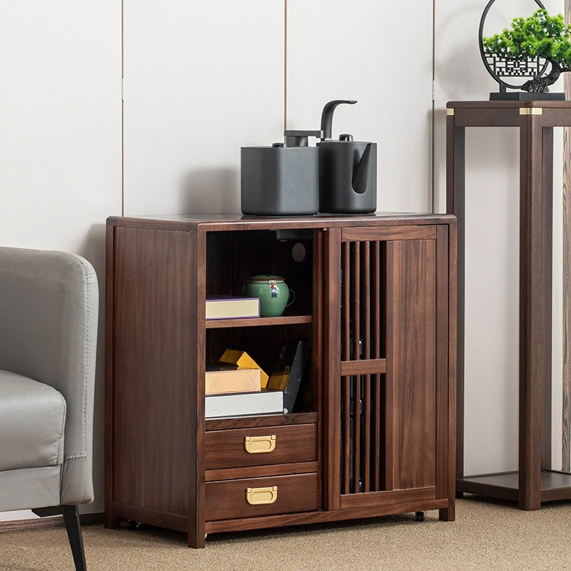 

New Chinese solid wood tea cabinet black gold wood movable small kettle integrated side table