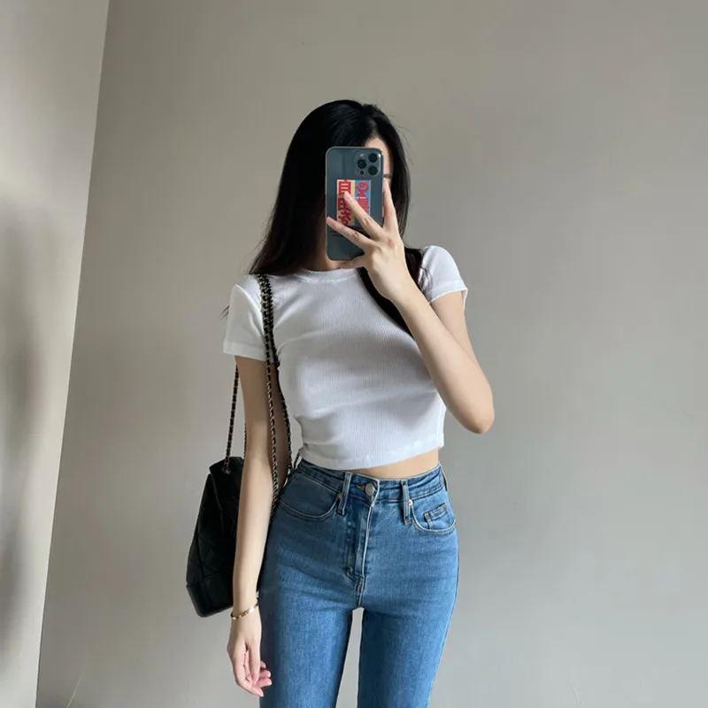 Summer  Women's Slim Fit Short Sleeve T-Shirt Belly Button Baring Base Layer Hot Girl White Top Korean Style round Neck