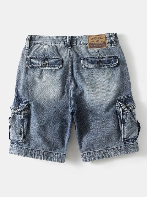 Retro Washed Heavyweight Summer Denim Shorts Men's Straight Leg Loose Casual Multi-Pocket Workwear Five-Quarter ShortsYY222