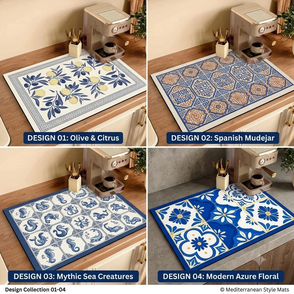 Newest Retro Blue Tile Diatom Mud Drying Mat, Water Absorbing Drain Pad for Kitchen Counter Coffee Bar Washing Machine Top