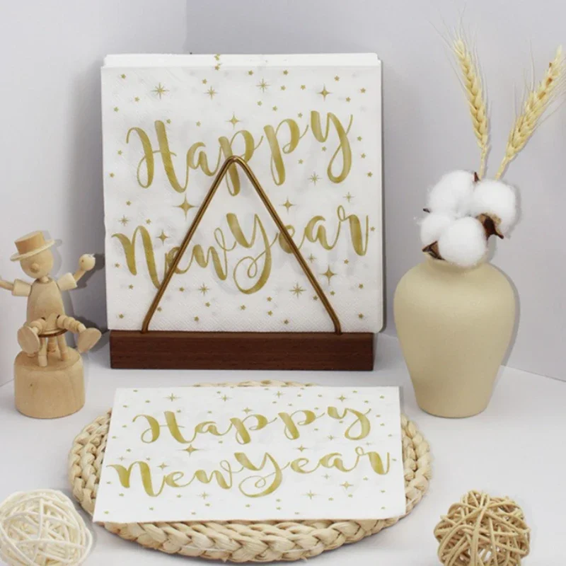 20 ชิ้น กระดาษเช็ดปากลายสุขสันต์ปีใหม่แบบใช้แล้วทิ้ง ของตกแต่งโต๊ะคริสต์มาส งานเฉลิมฉลอง กระดาษเช็ดปากสีทองลายปีใหม่ กระดาษตกแต่ง