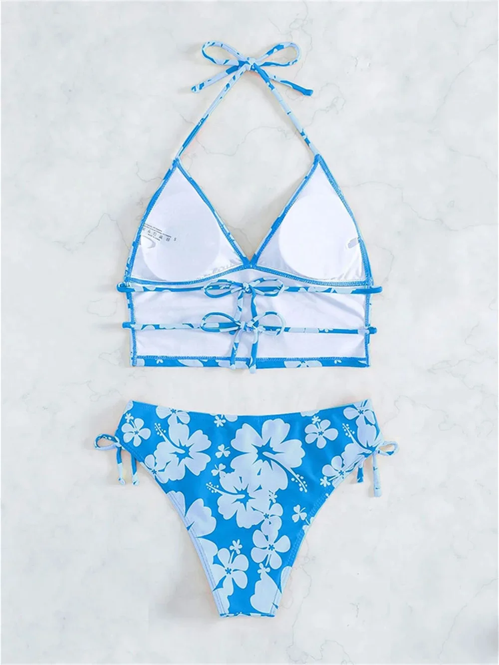 Blue Bikini Floral Swimsuit Halter String Backless Lace Up Tankini Y2K Vacation Swimwear Women Beach Outfit Bathing Suit Biquini