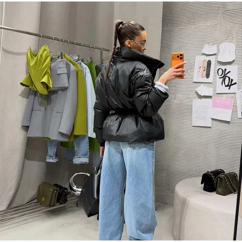 Casual Solid Women's Cotton Coats Back Zippers Stand Collar Thicken Waist Jackets 2026 Autumn Winter Fashion Lady Outwear