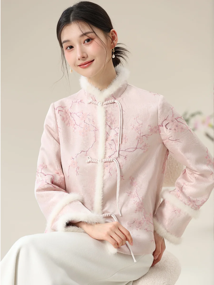 

Warm Cotton Jaet Women's Faionable Traditional Chinese Sle Gold Embroidery Inner Cotton Pink Gentle Weave Winter Coat