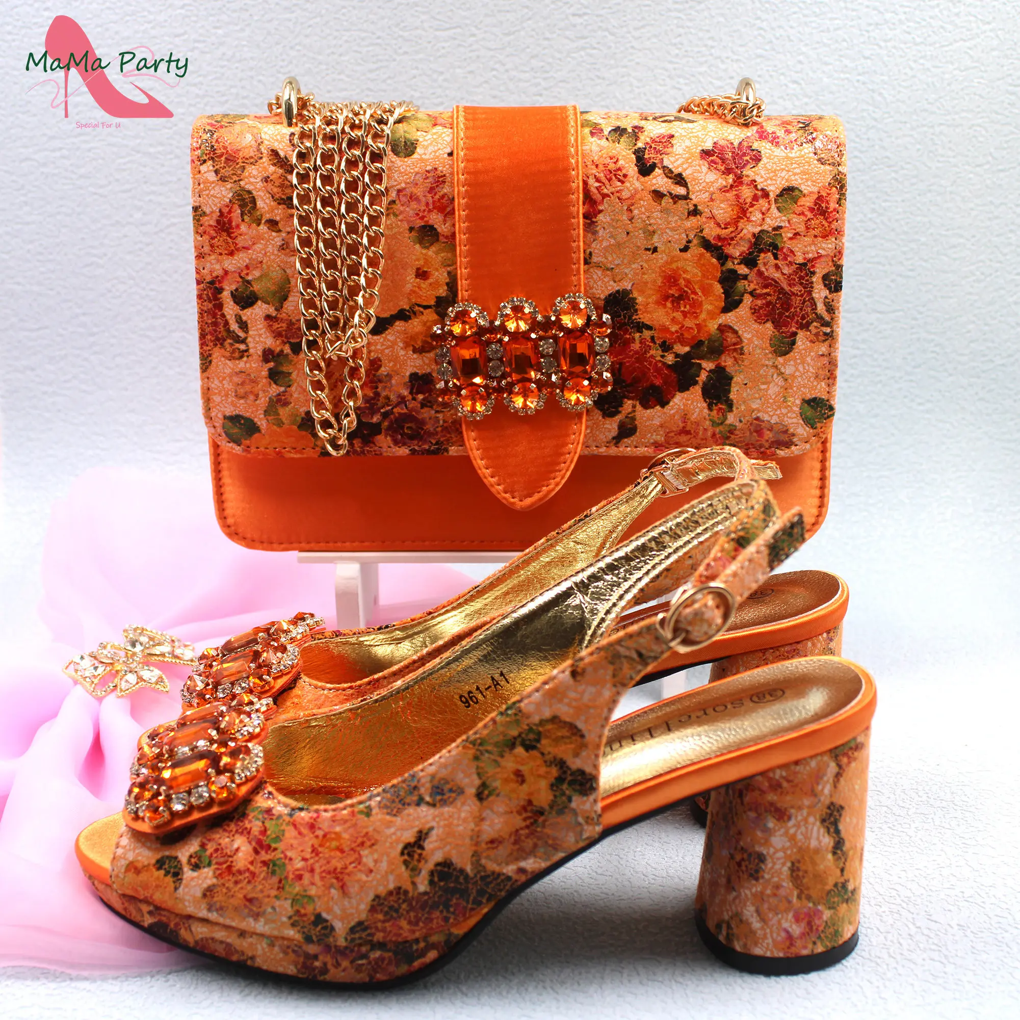 Orange New Arrivals 2024 Summer High Quality Design Flower Pu Leather Italian Women Shoes and Bag Set for Dress