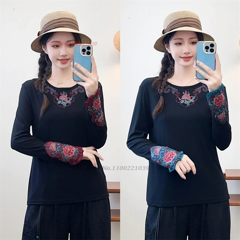 

2024 national flower embroidery ethnic o-neck shirt traditional ethnic base shirt vintage shirt hanfu top chinese retro t-shirt