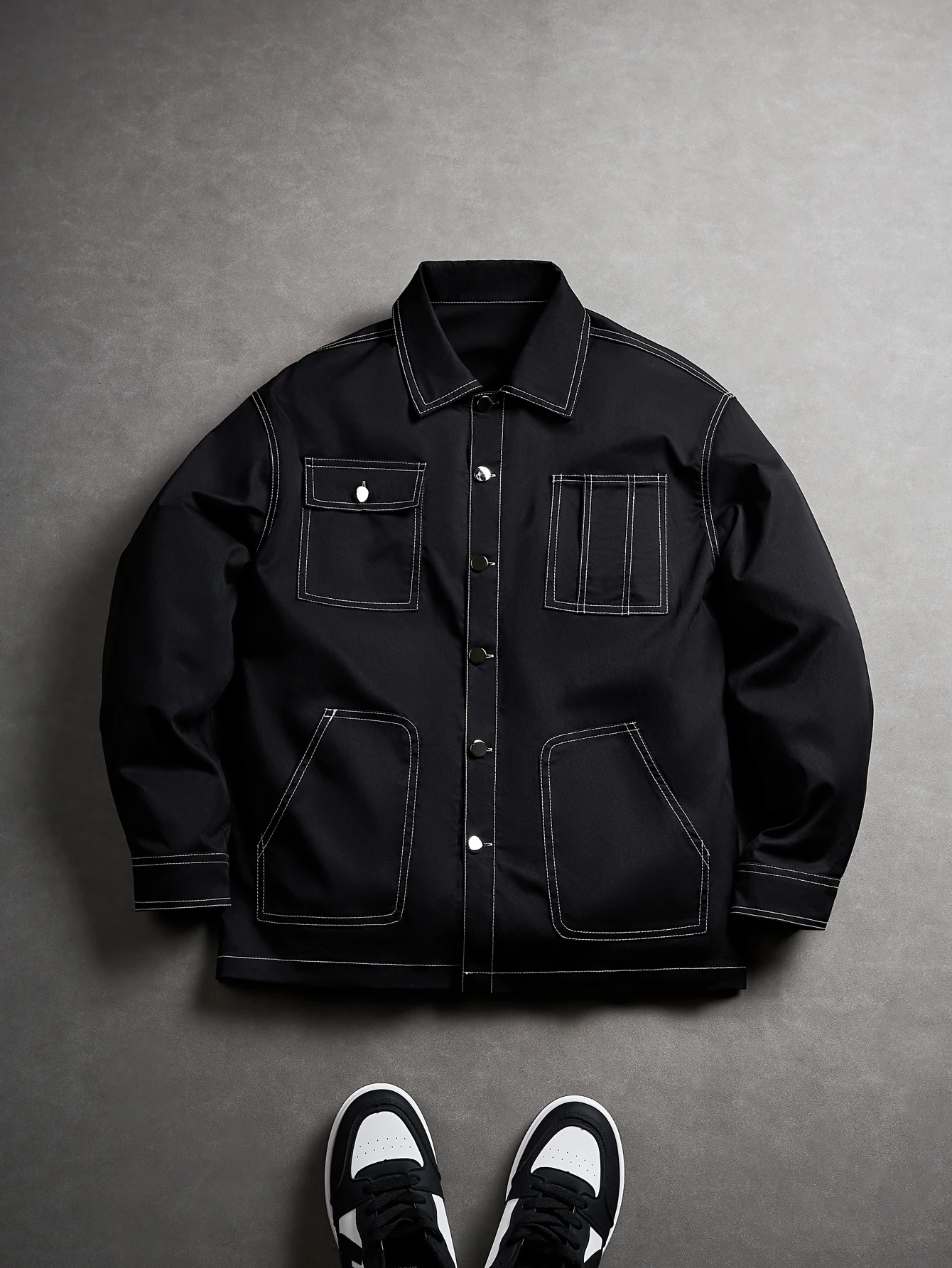 

Oversized Men's Workwear Jacket - Contrast Stitching, Multi-Pockets & Anti-Wrinkle Fabric, Trendy for Casual & Party Looks