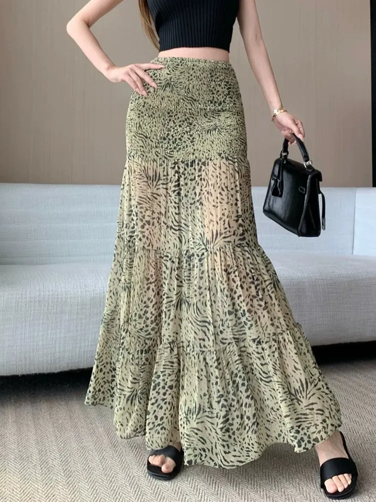 Skirt Vintage Hot Girl Leopard Mesh For Women Summer Elegant High Waist Slimming Design Niche A Line Hip Wrap Mermaid Dress