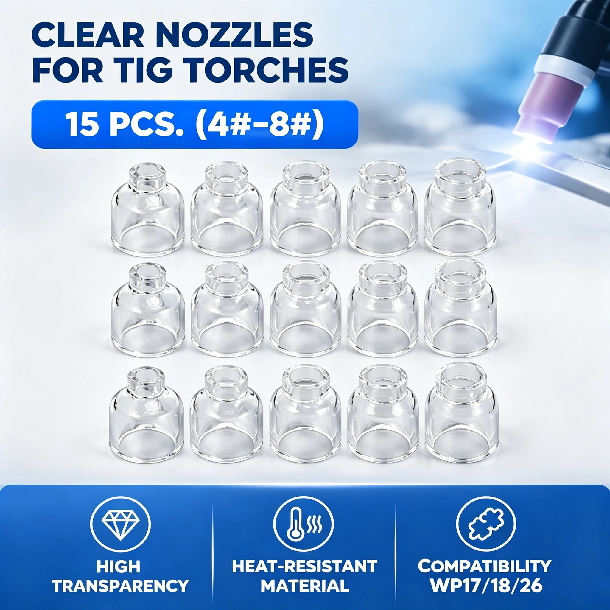15PCS TIG Welding Torch Accessories Transparent Ceramic Cup Nozzle WP-17/18/26 High Temperature Resistant Quartz 4# for Welding