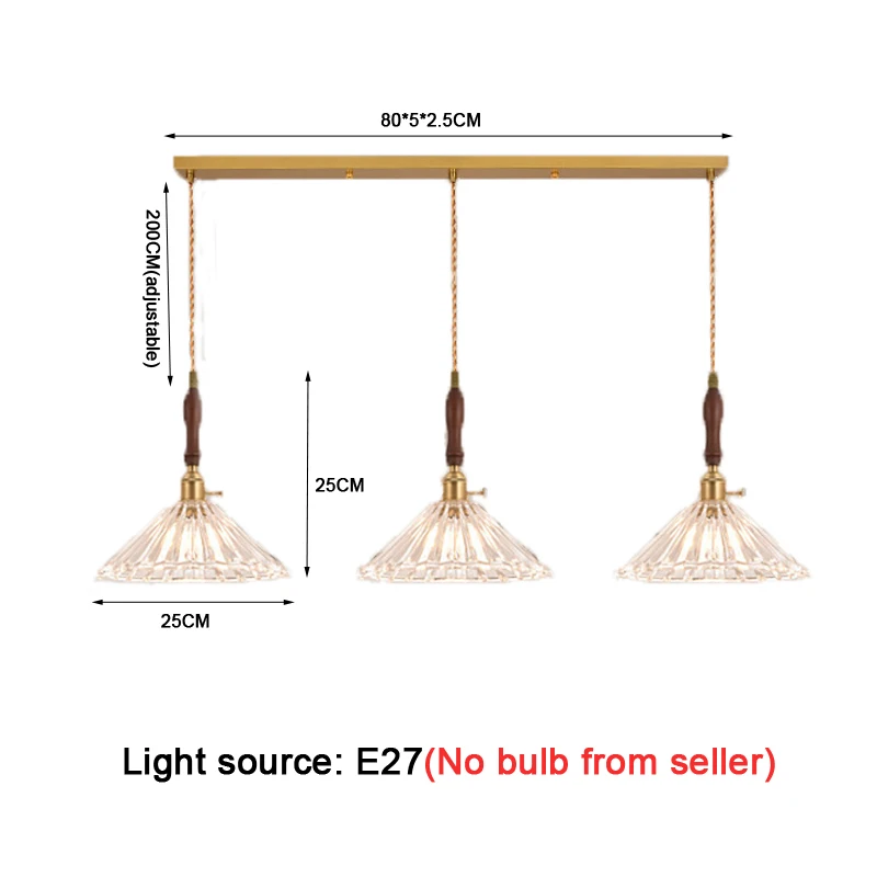 Modern Simple 3-Head Dining Room Chandelier Vintage Log Wood Glass Nordic Hanging Line Lamp for B&B
