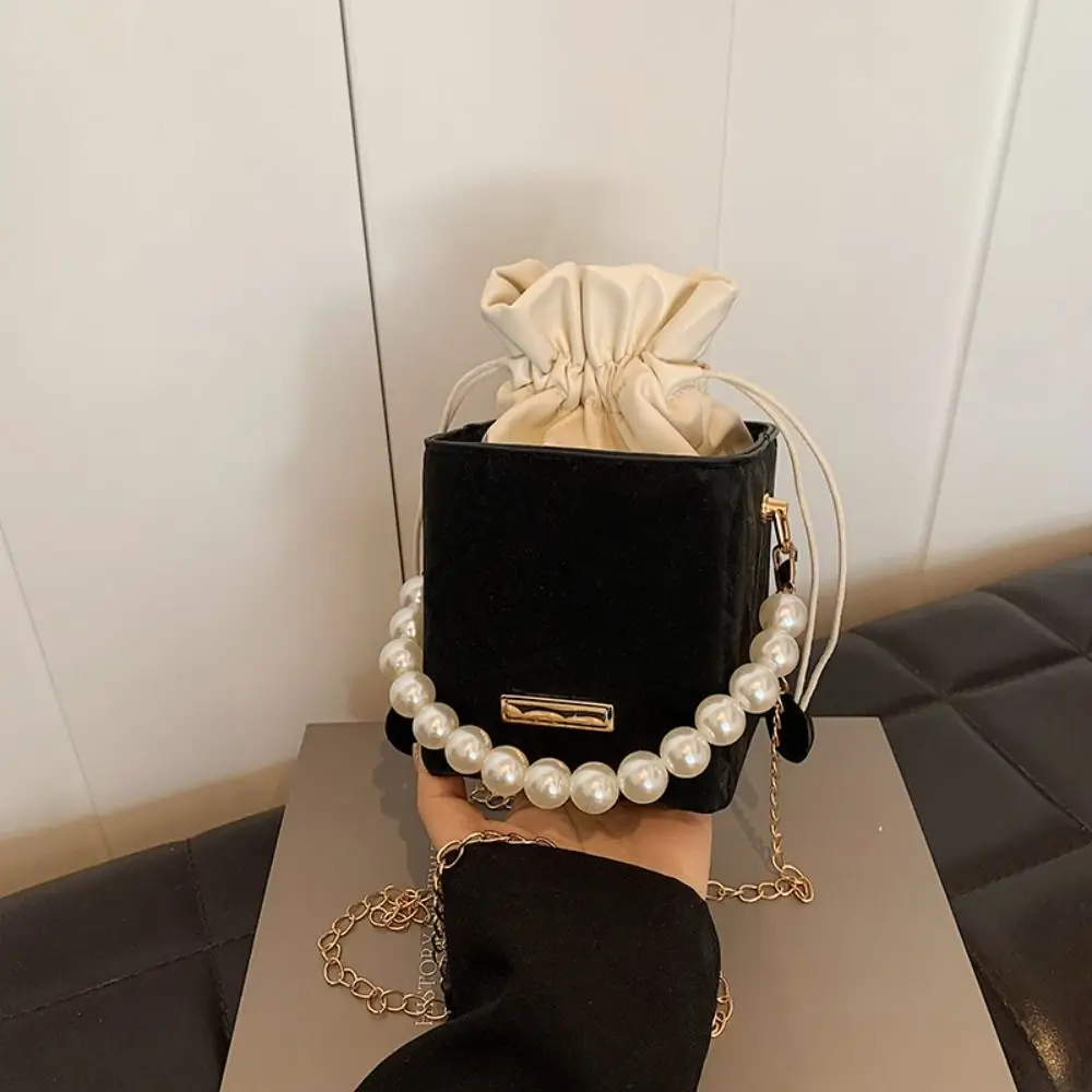 

Elegant Pu Leather Women Bucket Bag Pearl Square Drawstring Crossbody Bag Vintage Chain Strap Luxury Shoulder Bag Streetwear