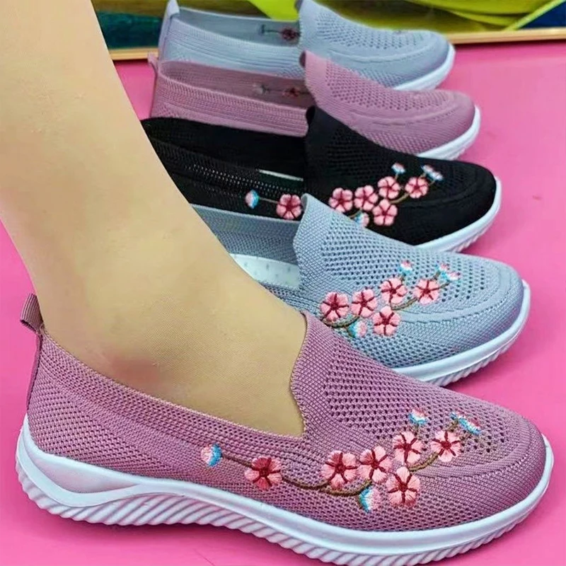 Women Sneakers Mesh Breathable Floral Comfort Mother Shoes Soft Solid Color Fashion Female Footwear Lightweight Zapatos De Mujer