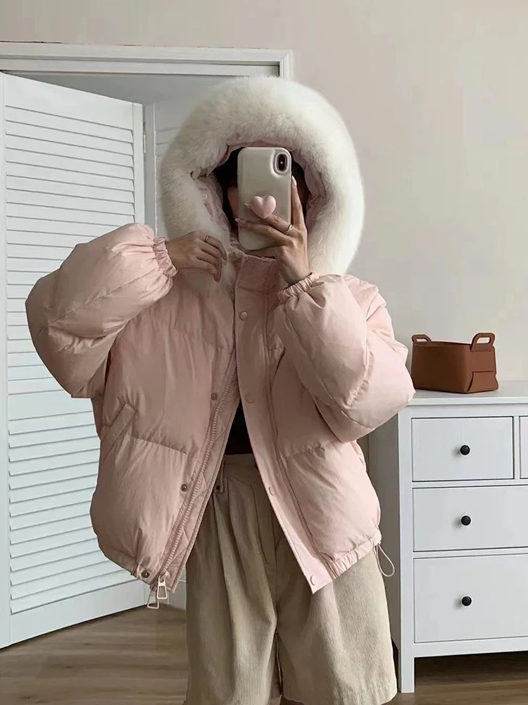 

Hooded Natural Large Fur Collar Down Jacket Female Puff Loose Warm Quilted Jackets Women White Duck Down Short Outwears