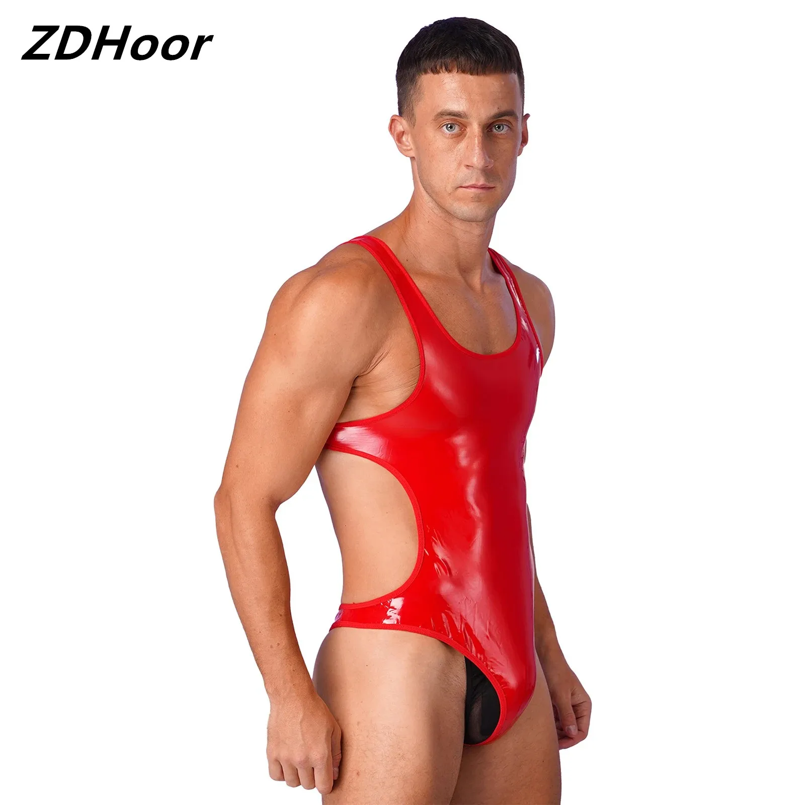 

Mens One-Piece Swimsuit Pool Party Swimwear Wet Look Patent Leather Bodysuit Open Back U Neck Sleeveless Jumpsuit