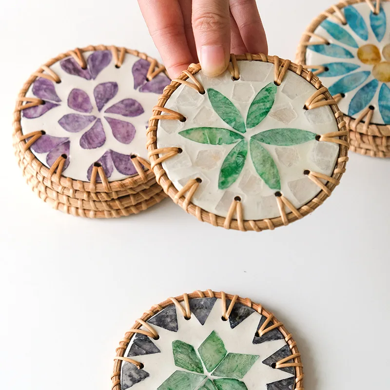 5Pcs/Lot Rattan Ceramic Coaster Cup Cushion Table Heat Insulated Mat Woven Coasters Home Decor
