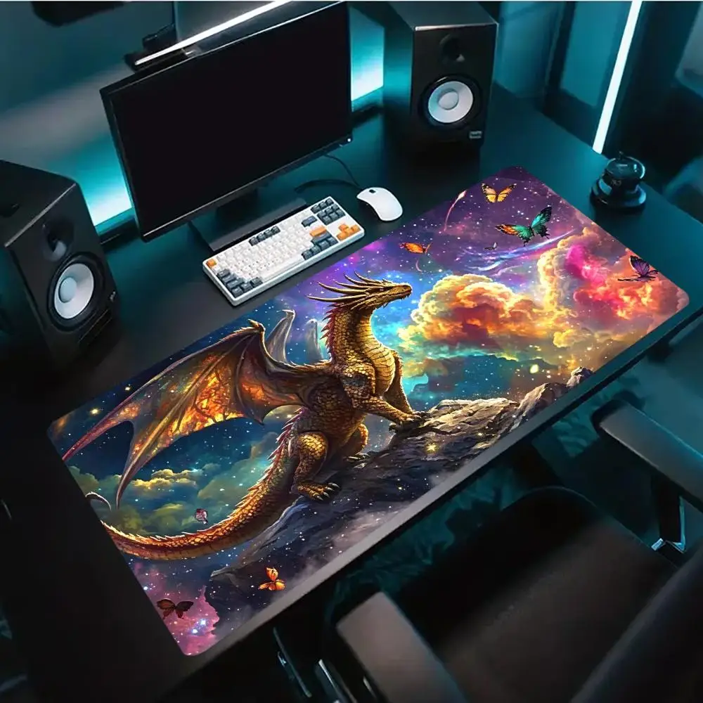 Fantasy Dragon Galaxy Cloud Print Gaming Mouse Pad Large Desk Mat Anti-Slip Rubber Base Stitched Edge Keyboard Mat For Gamers