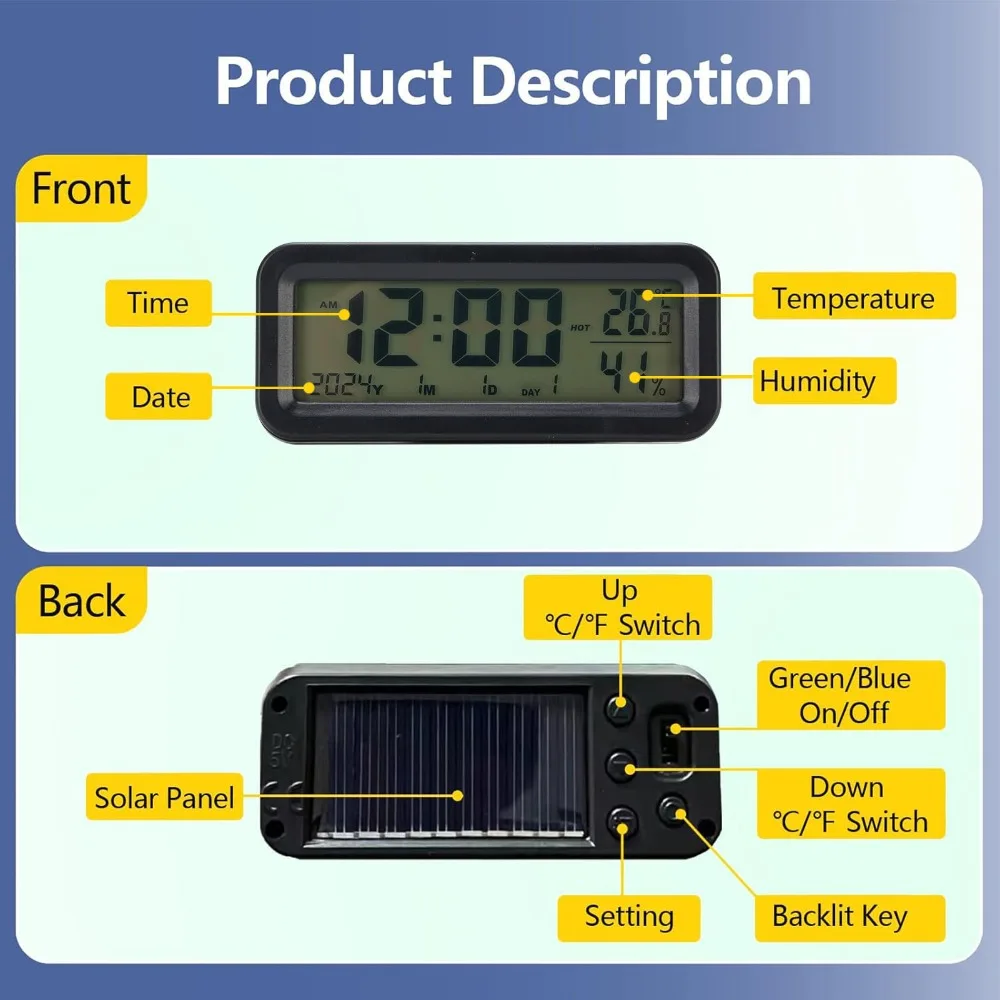Automatic Backlight Car Dashboard Clock Solar and USB Charging Temperature Humidity Display Luminous Electronic Clock