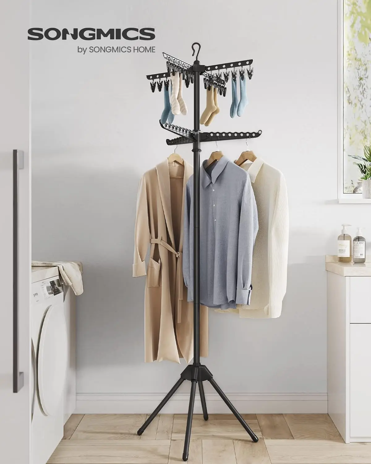 SONGMICS Clothes Airer, Clothes Drying Rack with 3 Rotatable Arms for Hangers, 4-Leg Indoor Folding Laundry Rack