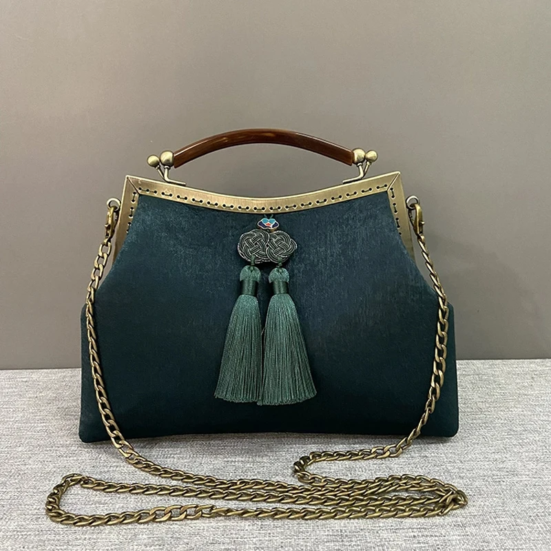 

New Classic Fringe Green Top Handle Bag Women's Handbags Purses Vintage Designer Bag Chain Strap Women Shoulder Crossbody Bags