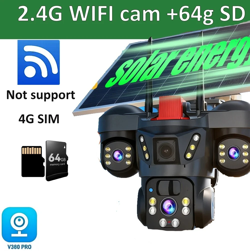 8K 15MP Draadloze WiFi Solar Camera Drie Lens Drie Scherm 4G Sim-kaart Solar Cam Menselijke detectie Outdoor Solar Surveillance V380 Zonne-energie Bewakingscamera Buiten, Solar CCTV Camera met