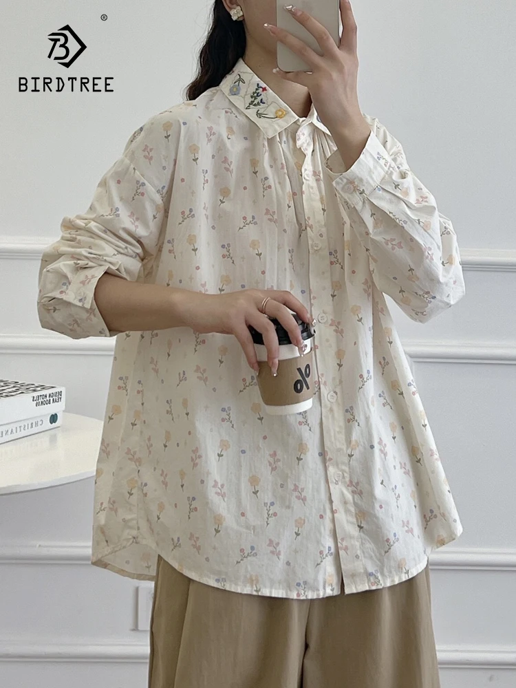 

Новая женская хлопковая рубашка с длинным рукавом Весна 2026, с отложным воротником и вышивкой, в стиле Mori Girl, свободная блузка для создания моложавого образа T62486CC