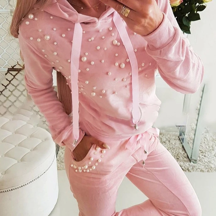 Moda donna rosa Bubble Bead Decor felpa con cappuccio a maniche lunghe e pantaloni Casual Set nuovo abbigliamento Casual invernale abiti a due pezzi