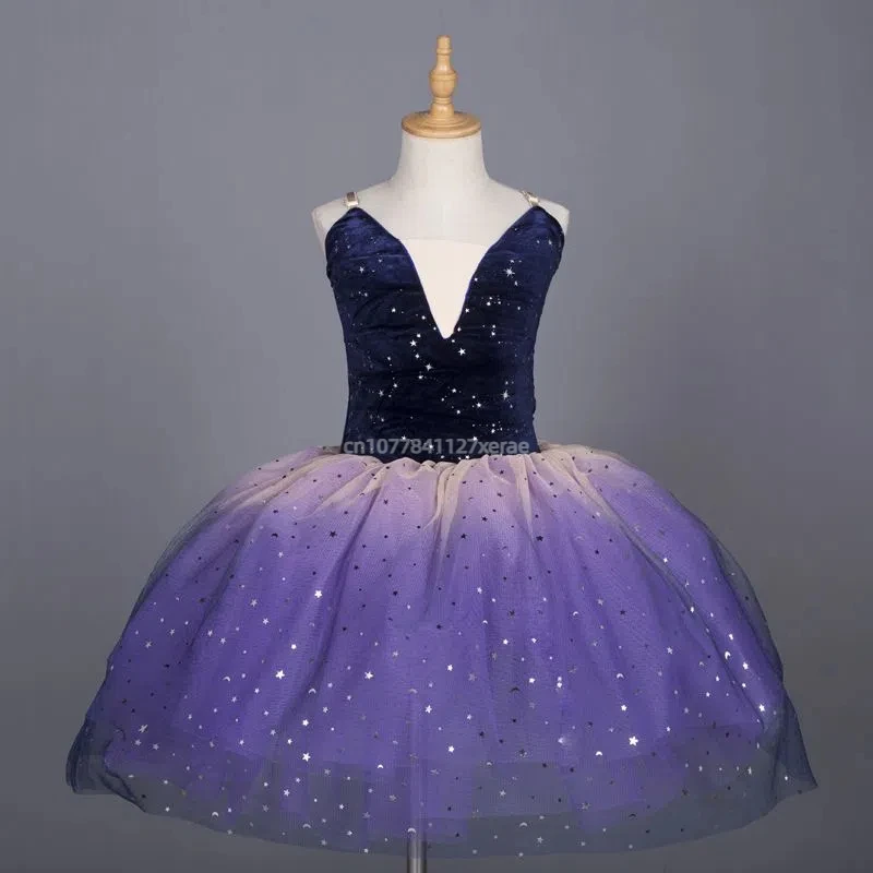 子供用プロバレエドレスパフォーマンス衣装、学生モダンダンスロングスタイルふわふわガーゼドレスパフォーマンス衣装