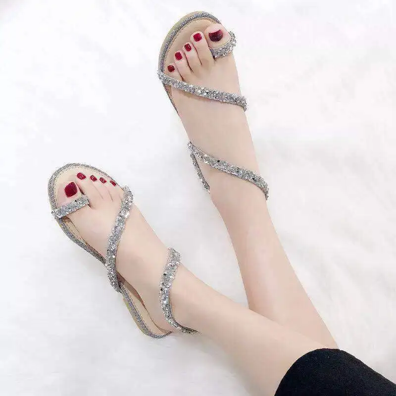 Women\'s Sandals Crystal Ladies Shoes For Party And Weddings No Heel Flat Rubber Flip-flops Silver Shoe On Offer Premium F