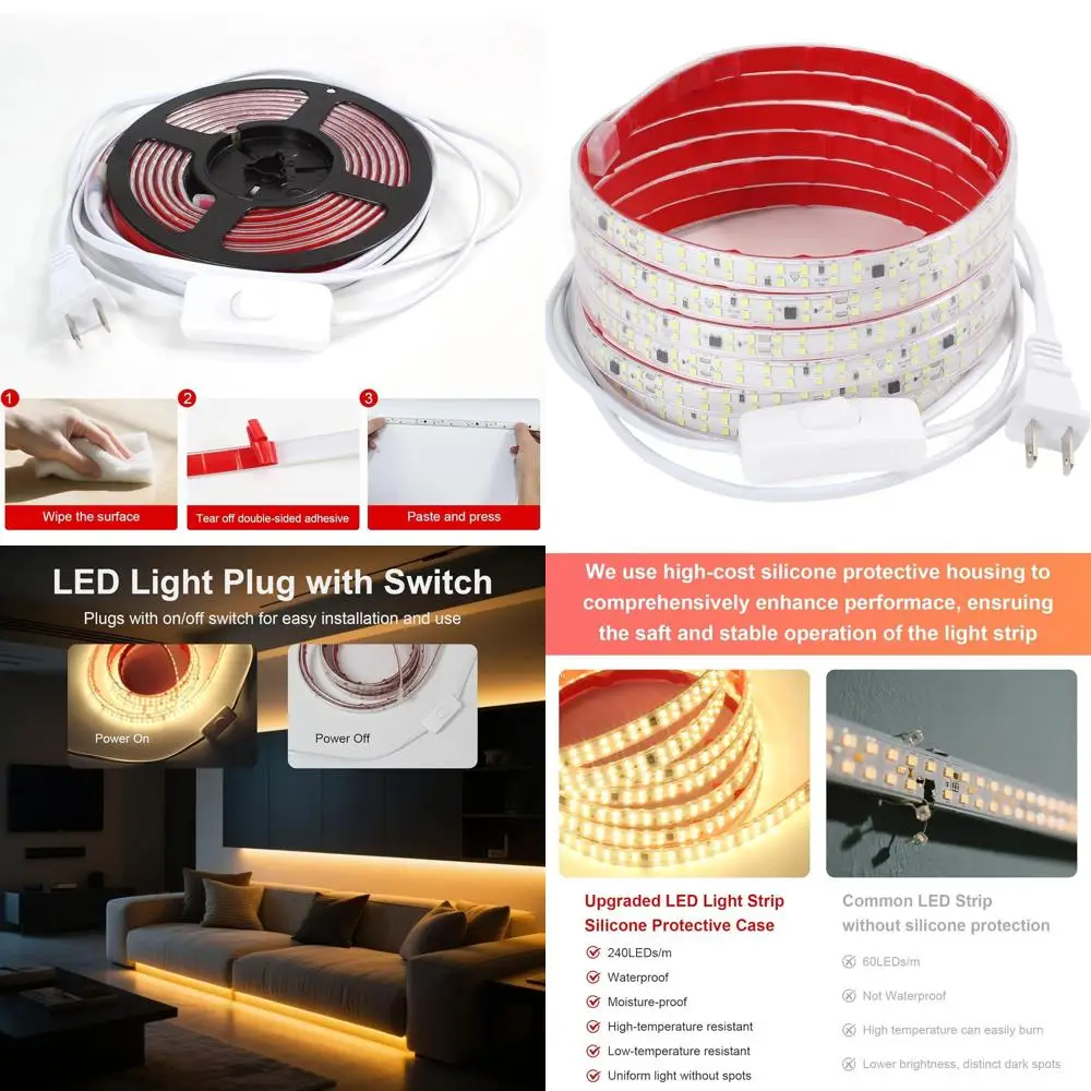 

Светодиодная гирлянда 10 м, 240 LED/м, для улицы, 120 В, холодный белый свет, водонепроницаемая, гибкая, с возможностью резки, с выключателем и вилкой