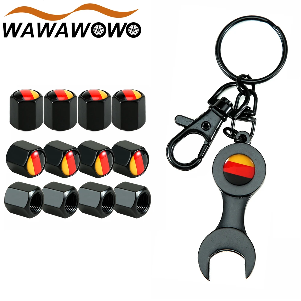 1Set Universal German National Flag Style Anti-theft Car Wheel Tire Valve Caps with Wrench Keychain Zinc Alloy Stem Dust Cover