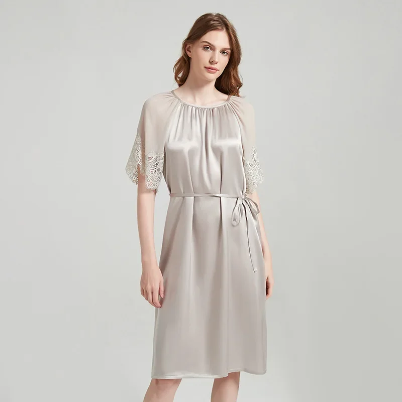 

100% Mulberry Silk Chemise Lace Midi Nightdress Women's Tie Waist Sleep Dress Short Sleeves Loose Sleepwear Nightgown Homewear