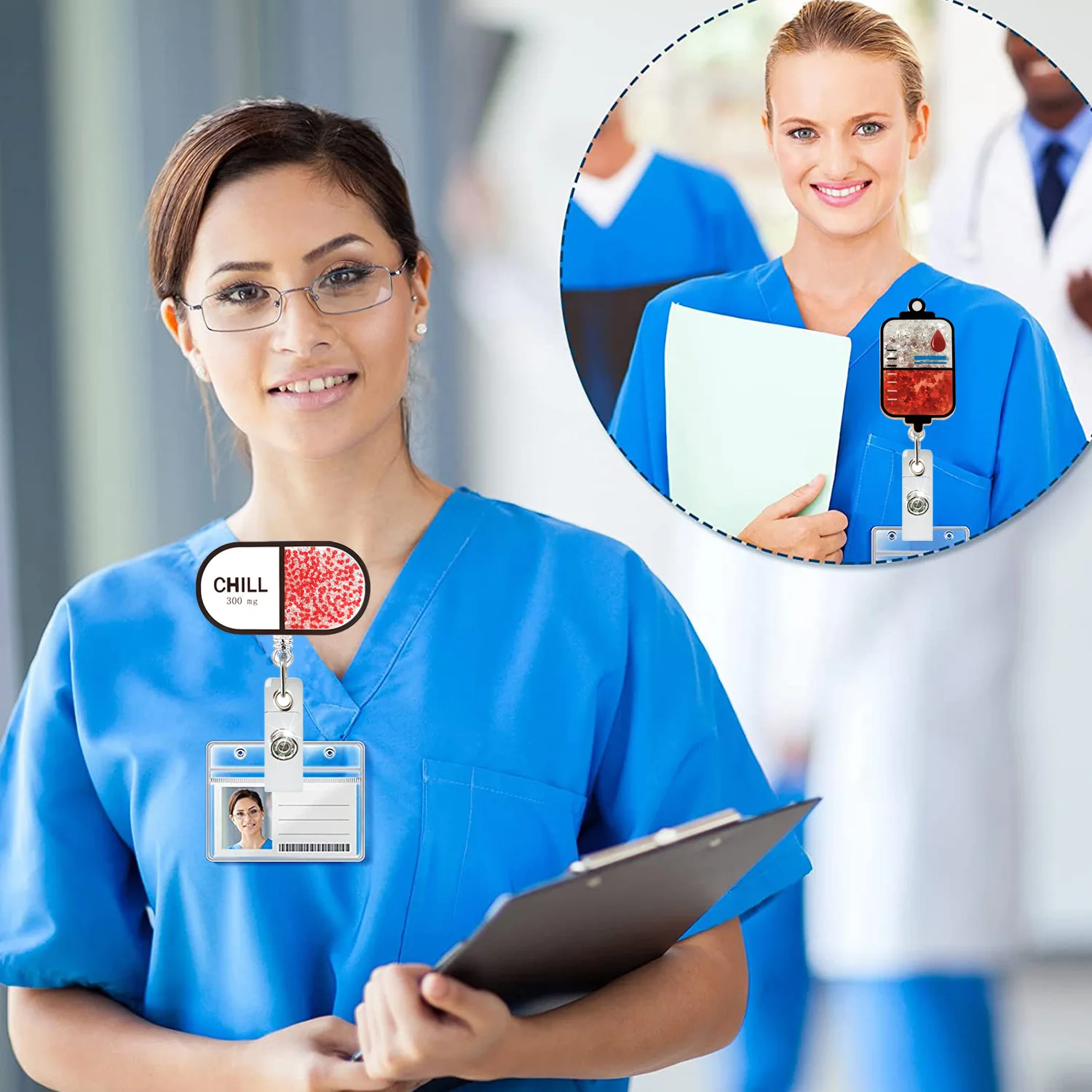 Acrylic Quicksand Pills Stethoscope Sling Bottle Rotating ID Badge Holder Doctor Nurse Retractable Badge Reel