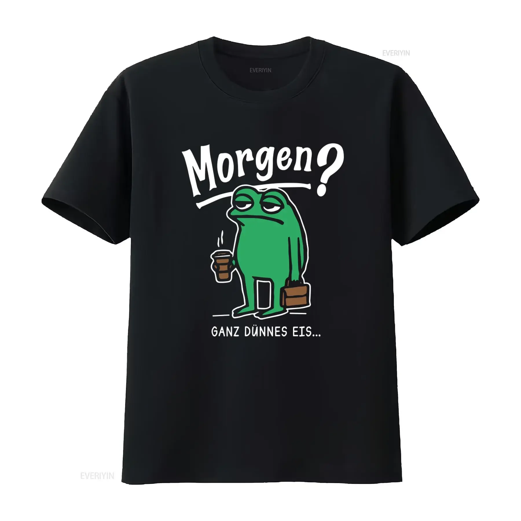 Herren-T-Shirt mit Frosch-Aufdruck „Morgen Ganz Dunnes Eis Coffee Fun“, Vintage-Waschung, Designer-Kleidung, leicht unisex, für Herren
