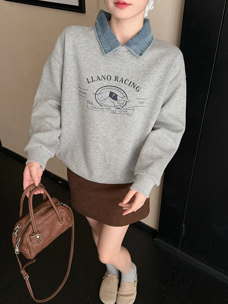 レディース フェイクツーピース パーカー 韓国風 ポロ襟 長袖 ゆったり 厚手 暖かいトップス グレー 漫画プリント 秋冬 カジュアル ファッション